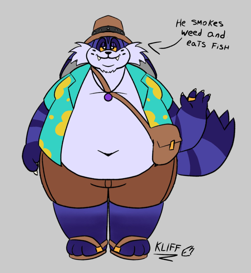 aloha_shirt anthro belly big_the_cat bottomwear bucket_hat clothing domestic_cat english_text felid feline felis footwear hi_res kliffnyundrscor male mammal messenger_bag navel overweight pattern_clothing pattern_shirt pattern_topwear purple_body sandals sega shirt shorts solo sonic_the_hedgehog_(series) text topwear yellow_eyes