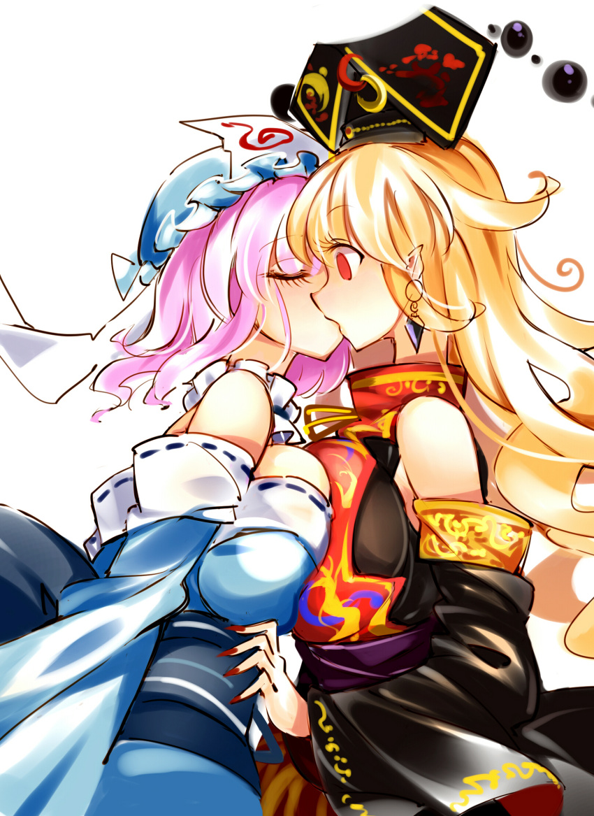 2girls bare_shoulders black_dress black_headwear blonde_hair blue_headwear blue_kimono breasts chinese_clothes closed_eyes collar commentary crescent detached_collar detached_sleeves dress earrings eyelashes frilled_collar frills from_side gold_trim hat highres japanese_clothes jewelry junko_(touhou) kimono kiss large_breasts long_hair medium_hair mob_cap multiple_girls nail_polish obi phoenix_crown pink_hair pointy_ears raptor7 red_eyes red_nails red_tabard ribbon-trimmed_clothes ribbon-trimmed_sleeves ribbon_trim saigyouji_yuyuko sash sidelocks simple_background surprise_kiss surprised symbol-only_commentary tabard touhou triangular_headpiece upper_body white_background yuri