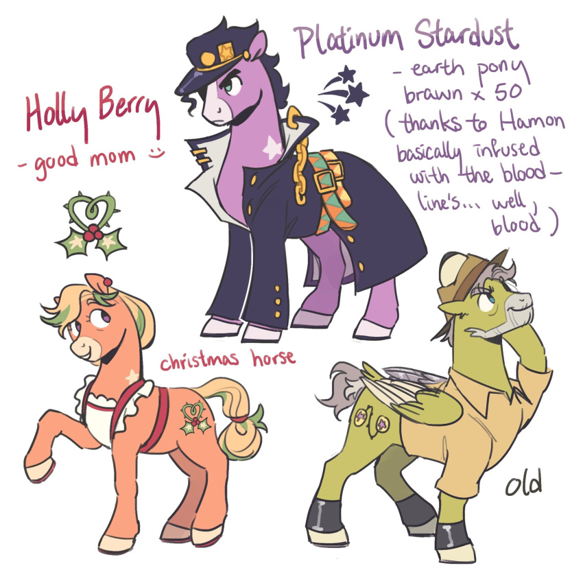 1:1 alternate_species alternate_universe beard christmas clothed clothed_feral clothing cutie_mark earth_pony equid equine facial_hair feathered_wings feathers female feral feralized furrification group hasbro hat headgear headwear hi_res holidays holly_(plant) holly_kujo hooves horse jojo's_bizarre_adventure joseph_joestar jotaro_kujo male mammal my_little_pony pegasus plant ponification pony regularcitrus smile trio wings