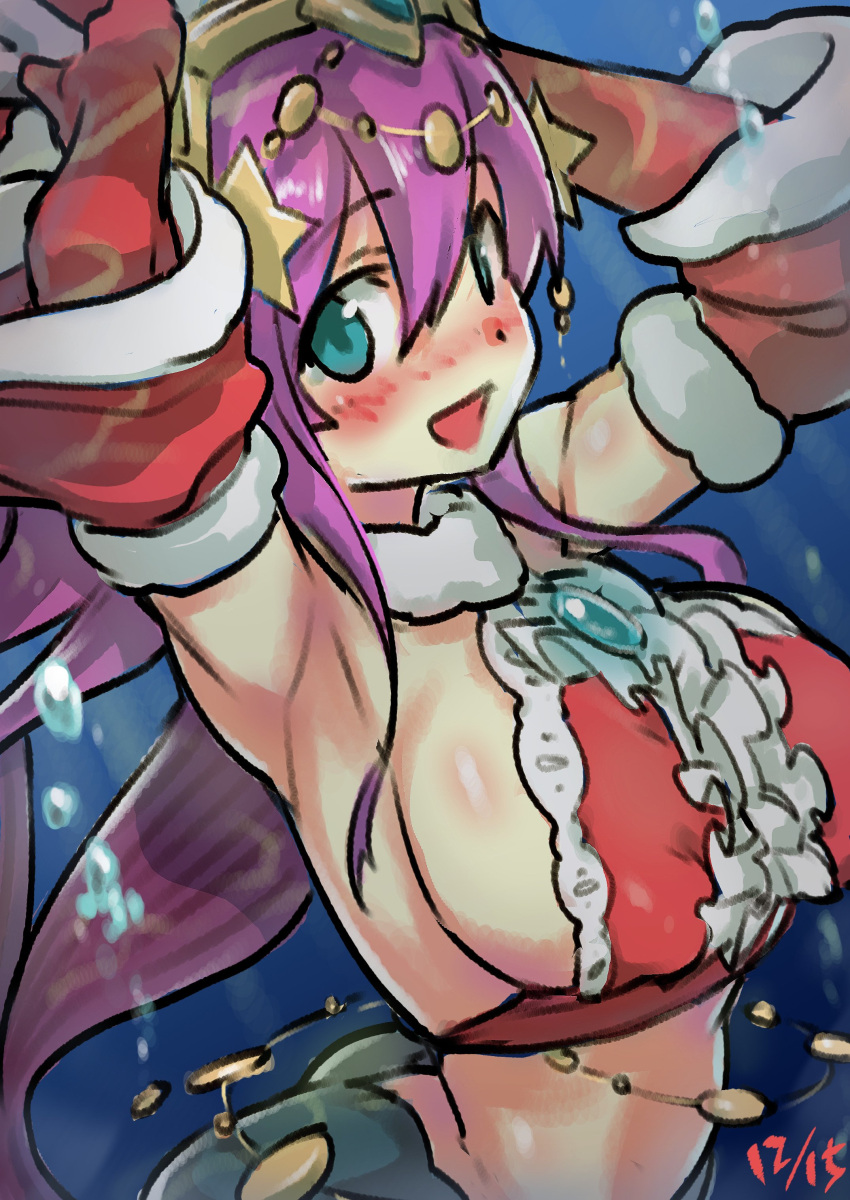 1girl :d absurdres armpits blue_eyes blush breasts covered_nipples crown dated elbow_gloves from_side gloves hair_between_eyes hands_up highres large_breasts long_hair looking_at_viewer mermaid monster_girl open_mouth purple_hair puzzle_&amp;_dragons red_gloves siren_(p&amp;d) smile solo try_(lsc) underwater