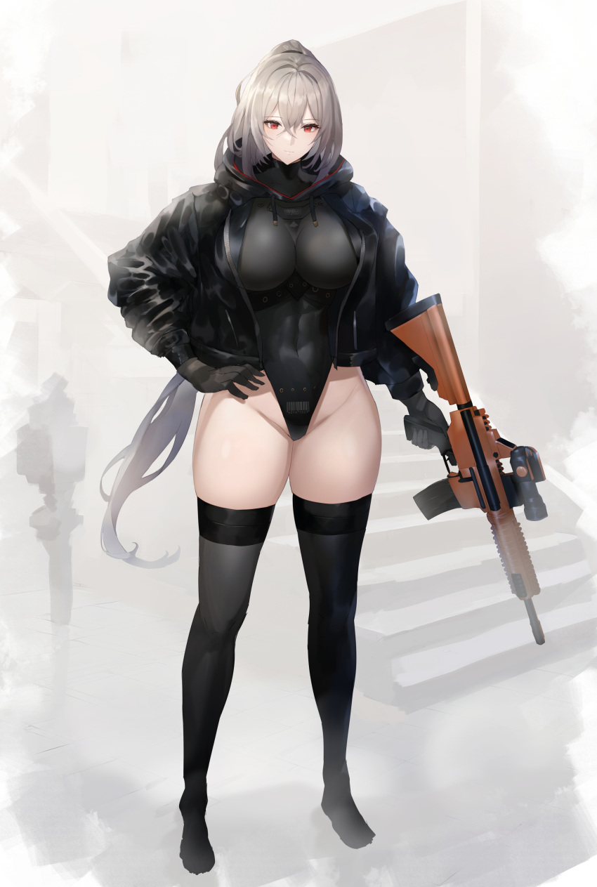 1girl absurdres baketsu barcode black_gloves black_hoodie black_leotard black_thighhighs breasts closed_mouth covered_navel crossed_bangs full_body gloves grey_hair gun hair_between_eyes hand_on_own_hip highres holding holding_gun holding_weapon hood hood_down hoodie large_breasts leotard original red_eyes rifle scope short_hair solo stairs thighhighs weapon