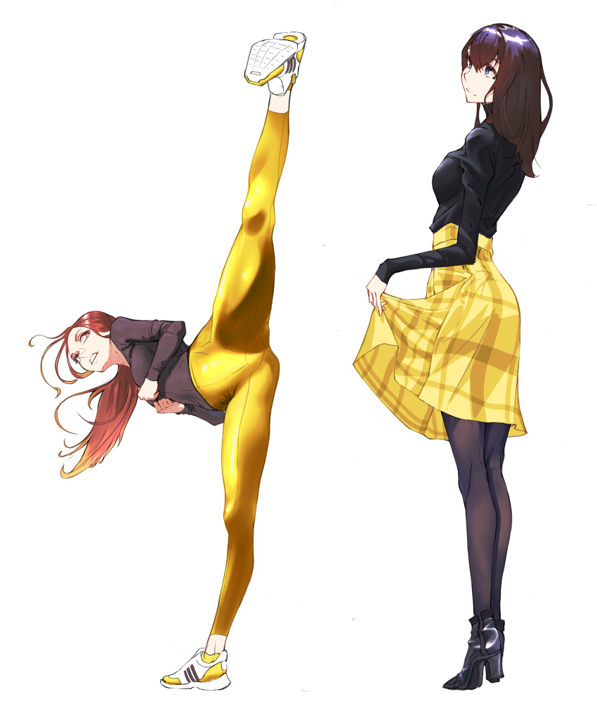 2girls absurdres black_leggings breasts brown_hair high_kick highres kicking leggings long_sleeves medium_breasts multiple_girls red_hair skirt tbocart yellow_leggings