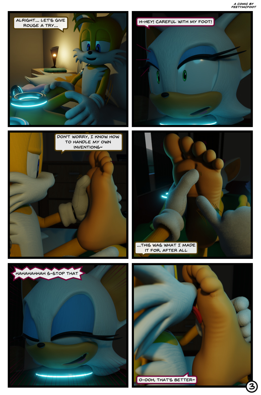 3d_(artwork) 5_toes absurd_res anthro armband barefoot bat bed bedroom canid canine comic dialogue digital_media_(artwork) duo english_text eyes_closed feet feetymcfoot female foot_fetish foot_lick foot_play fox furniture hi_res humanoid_feet laugh licking male male/female mammal miles_prower plantigrade rouge_the_bat sega sitting sonic_the_hedgehog_(series) teleport_device teleportation text tickling tickling_feet toes tongue tongue_out