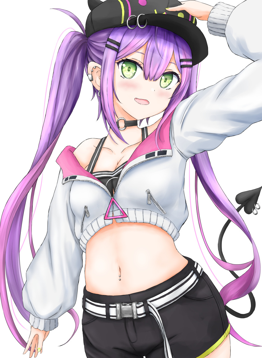 1girl absurdres baseball_cap bibi_(tokoyami_towa) black_choker black_headwear black_shorts black_tube_top blush breasts choker cropped_jacket ear_piercing fangs green_eyes hat highres hololive jacket long_hair looking_at_viewer multicolored_hair navel navel_piercing o-ring o-ring_choker open_mouth owarimiru piercing pink_hair pointy_ears purple_hair shorts small_breasts smile solo strapless streaked_hair tail tail_ornament tail_piercing tokoyami_towa tokoyami_towa_(1st_costume) tube_top twintails virtual_youtuber white_background white_jacket