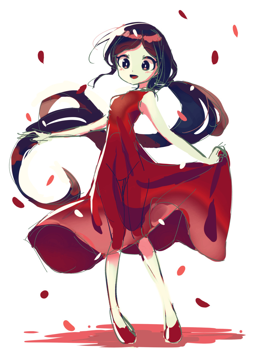 1girl :d absurdres arms_at_sides black_eyes black_hair blush dress highres holding holding_clothes holding_dress long_hair offbeat open_mouth pale_skin ponytail red_dress red_footwear rhythm_tengoku sleeveless smile solo white_background yuka_(rhythm_tengoku)