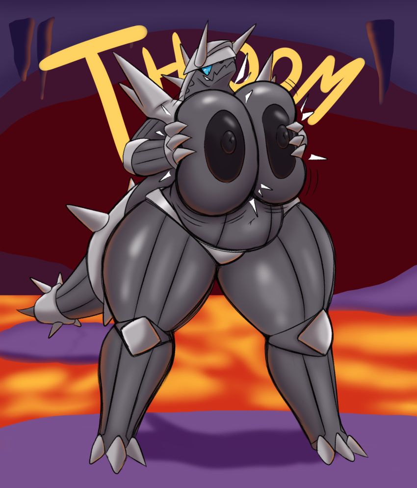 aggron anthro areola big_breasts black_areola black_eyes black_nipples blue_sclera breasts carboncopy612 cave featureless_crotch female gekookti generation_3_pokemon grey_body grey_horn hi_res horn huge_breasts lava motion_lines navel nintendo nipples onomatopoeia overweight overweight_female pokemon pokemon_(species) pupils slit_pupils smile solo sound_effects spikes spikes_(anatomy) stalactite text thick_thighs wide_hips