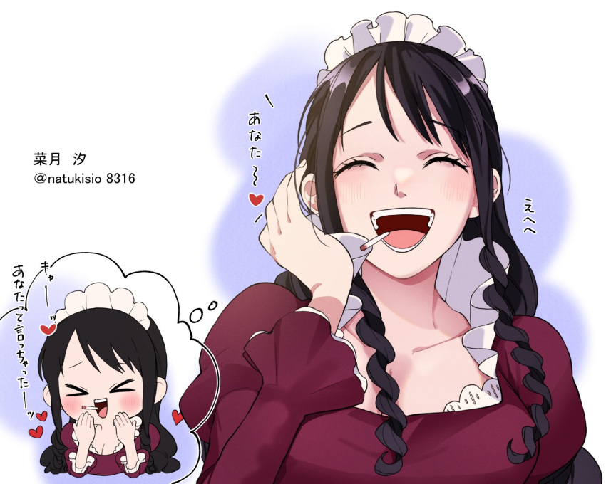 &gt;_&lt; 2girls artist_name baby_5 black_hair blush cigarette closed_eyes commentary_request dual_persona hair_ornament happy heart highres long_hair maid_headdress multiple_girls natsuki_shio one_piece open_mouth smile teeth translation_request