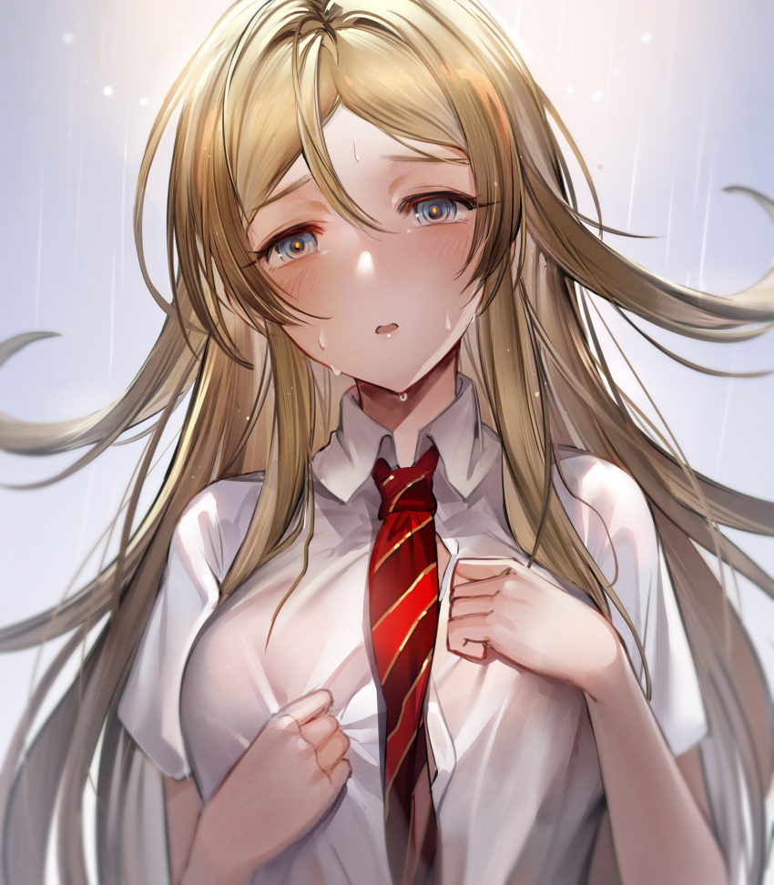 1girl blonde_hair blue_background blue_eyes blurry blush breasts depth_of_field dot_nose hands_up hanusu highres idolmaster idolmaster_million_live! idolmaster_million_live!_theater_days large_breasts long_hair looking_at_viewer necktie parted_lips rain red_necktie school_uniform shinomiya_karen shirt short_sleeves shy simple_background solo striped_necktie upper_body water_drop wet wet_clothes wet_shirt white_shirt