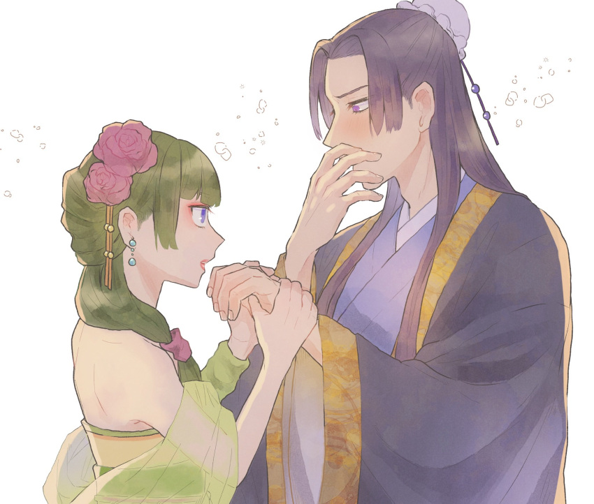 1boy 1girl bare_shoulders blue_eyes bubble bun_cover chinese_clothes covered_mouth covering_mouth dress drunk earrings eyeshadow flower hair_bun hair_flower hair_ornament hair_over_shoulder half_updo hands_up hanfu hetero highres holding_hands jacket jewelry jinshi_(kusuriya_no_hitorigoto) kusuriya_no_hitorigoto lipstick long_hair long_sleeves low-tied_long_hair makeup maomao_(kusuriya_no_hitorigoto) mu6_to10 official_alternate_costume official_alternate_hairstyle parted_bangs pink_flower see-through shawl sidelocks simple_background single_hair_bun strapless strapless_dress upper_body white_background wide_sleeves