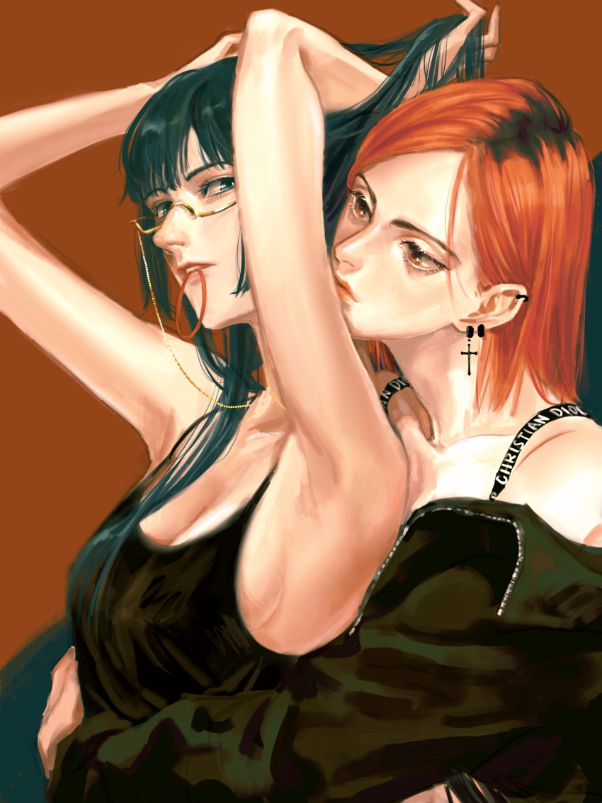 2girls absurdres armpits arms_up breasts brown_eyes brown_hair closed_mouth commentary_request dong_er_felt glasses green_eyes green_hair hair_tie_in_mouth hand_in_own_hair highres jujutsu_kaisen kugisaki_nobara long_hair mouth_hold multiple_girls parted_lips procreate_(medium) yuri zen'in_maki