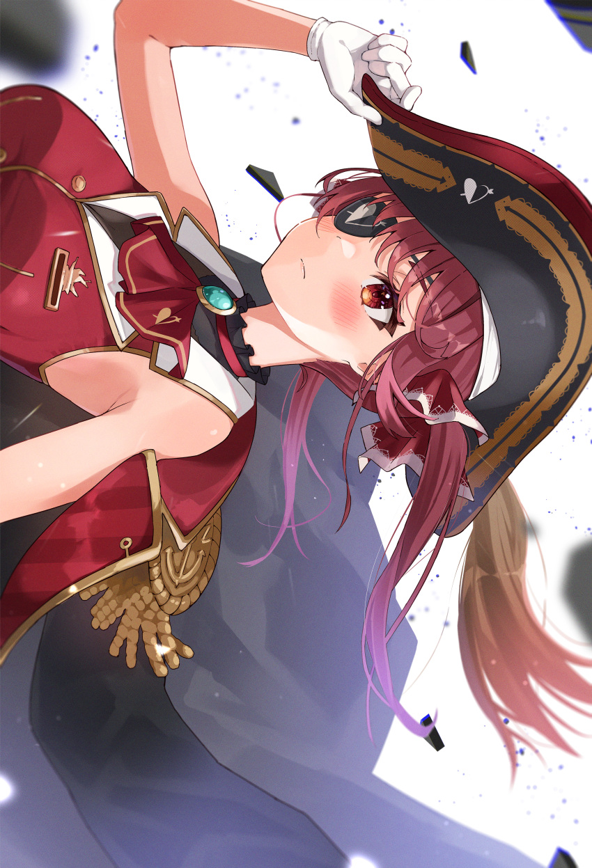 1girl absurdres arrow_through_heart black_coat black_headwear blush breasts coat cropped_jacket eyepatch gloves hair_ribbon haru_yu hat highres hololive houshou_marine houshou_marine_(1st_costume) jacket large_breasts leotard leotard_under_clothes long_hair looking_at_viewer pirate_hat red_coat red_eyes red_hair red_jacket red_ribbon ribbon sleeveless sleeveless_jacket twintails two-sided_coat two-sided_fabric virtual_youtuber white_gloves