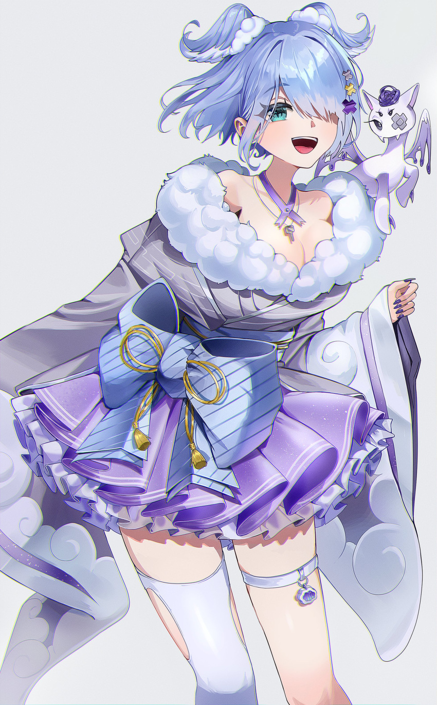 +_+ 1girl absurdres animal_on_shoulder aqua_eyes bare_shoulders blue_hair blue_nails blue_sash blue_wings bob_cut breasts cleavage collarbone dragon_girl dress elira_pendora elira_pendora_(2nd_costume) feet_out_of_frame fingernails fur_trim grey_kimono hair_ornament hair_over_one_eye head_wings highres japanese_clothes jewelry key key_necklace kimono koya_223 large_breasts layered_skirt leaning_forward long_fingernails looking_at_viewer medium_hair neck_ribbon necklace nijisanji nijisanji_en obi off-shoulder_dress off_shoulder official_alternate_costume one_eye_covered open_mouth pikl_(elira_pendora) ribbon sash simple_background single_thighhigh skirt smile solo tassel thigh_strap thighhighs virtual_youtuber white_background white_thighhighs wide_sleeves wings x_hair_ornament