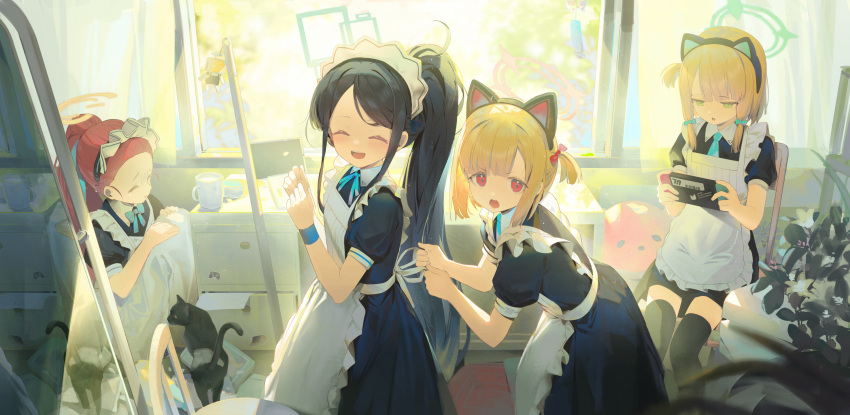 &lt;key&gt;_(robot)_(blue_archive) 4girls :d ^_^ animal animal_ear_headphones animal_ears apron aris_(blue_archive) aris_(maid)_(blue_archive) black_cat black_dress black_hair blonde_hair blue_archive blue_bow blue_necktie bow cat closed_eyes collared_dress commentary_request cup drawer dress fake_animal_ears forehead frilled_apron frills green_eyes hair_bow half-closed_eyes halo handheld_game_console headphones highres holding holding_handheld_game_console indoors ji_dao_ji long_hair maid maid_apron maid_headdress midori_(blue_archive) midori_(maid)_(blue_archive) momoi_(blue_archive) momoi_(maid)_(blue_archive) multiple_girls necktie official_alternate_costume ponytail puffy_short_sleeves puffy_sleeves red_bow red_eyes red_hair short_sleeves sidelocks smile swept_bangs very_long_hair white_apron window yuzu_(blue_archive) yuzu_(maid)_(blue_archive)