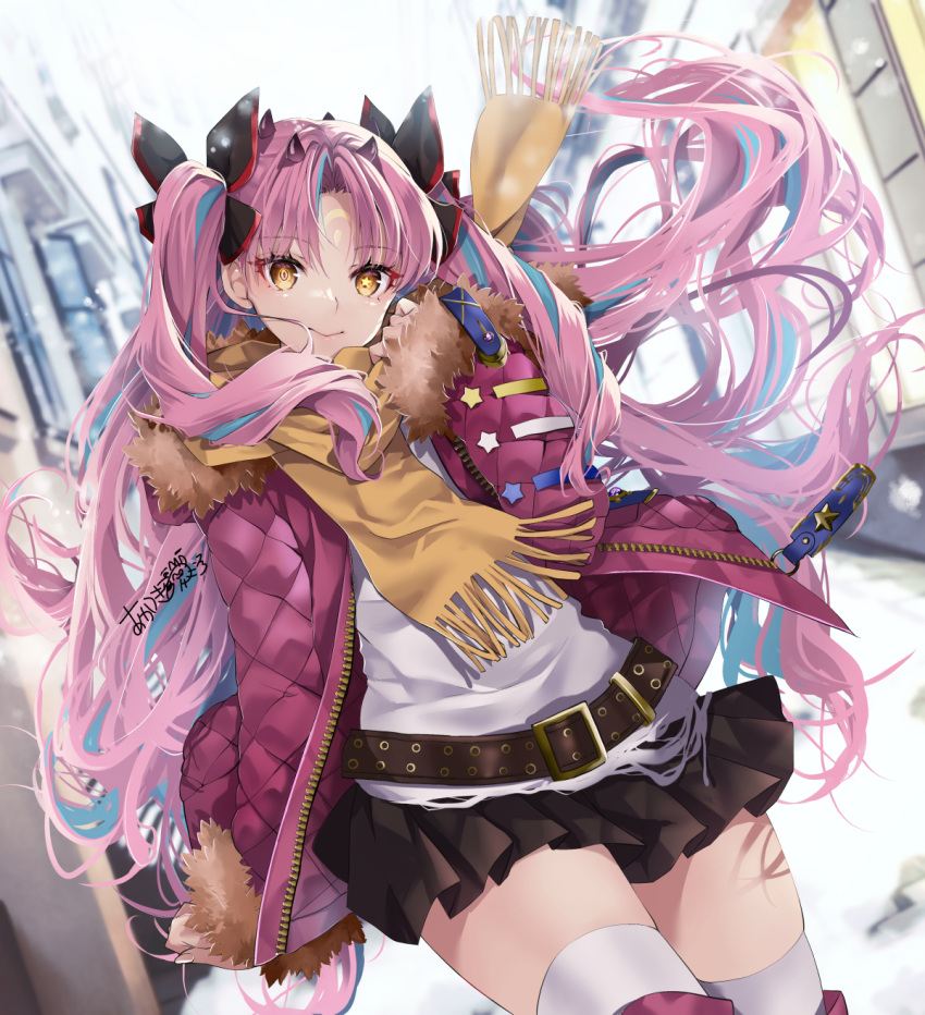 1girl akatsuki_hijiri belt black_skirt blue_hair breasts crescent crescent_facial_mark facial_mark fate/grand_order fate_(series) forehead_mark fur-trimmed_jacket fur_trim hair_ribbon highres horns ishtar_(fate) jacket long_hair long_sleeves looking_at_viewer medium_breasts multicolored_hair open_clothes open_jacket parted_bangs pink_hair pink_jacket ribbon scarf shirt signature skirt smile solo space_ishtar_(dream_portrait)_(fate) space_ishtar_(fate) space_ishtar_(third_ascension)_(fate) symbol-shaped_pupils thighhighs thighs two-tone_hair two_side_up white_shirt white_thighhighs yellow_eyes yellow_scarf