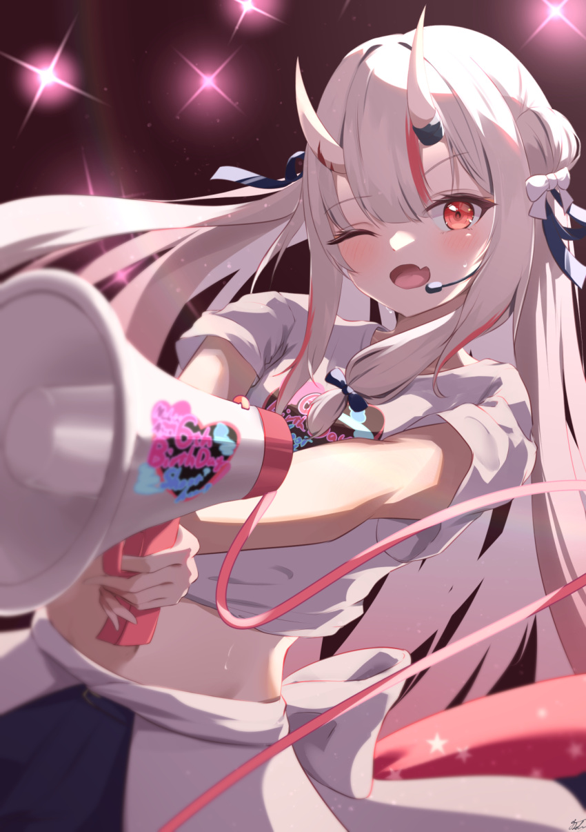 1girl blue_ribbon blue_skirt blush earpiece hair_ribbon highres holding holding_megaphone hololive horns koh_kaede long_hair looking_at_viewer megaphone nakiri_ayame one_eye_closed oni oni_horns pen red_eyes red_hair ribbon shirt skirt solo virtual_youtuber white_hair white_shirt