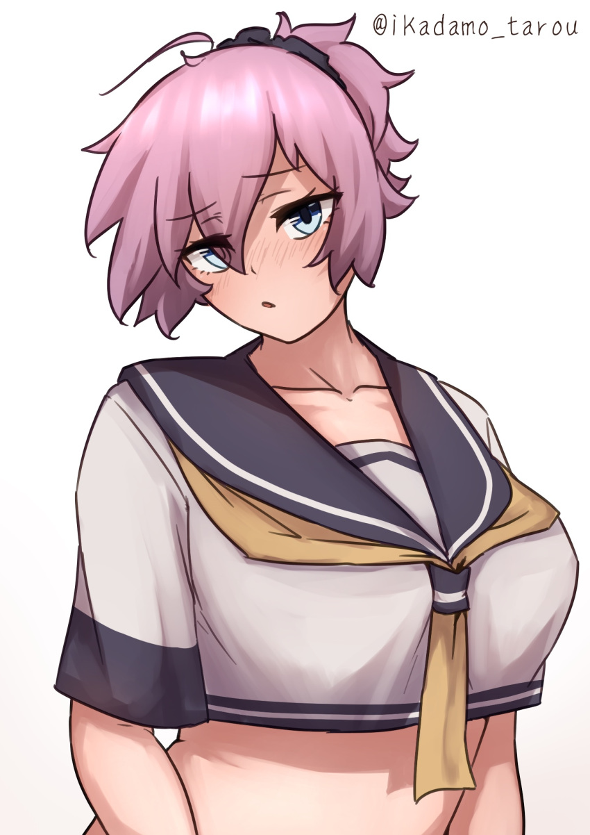 1girl ahoge aoba_(kancolle) blue_eyes commentary_request crop_top highres ikadamo kantai_collection messy_hair midriff neckerchief one-hour_drawing_challenge ponytail purple_hair purple_sailor_collar sailor_collar sailor_shirt school_uniform scrunchie serafuku shirt short_hair simple_background solo twitter_username white_background white_shirt yellow_neckerchief