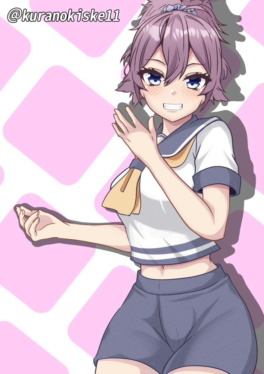 1girl aoba_(kancolle) blue_scrunchie commentary_request cowboy_shot grin hair_ornament hair_scrunchie highres kantai_collection kurano_kisuke messy_hair neckerchief one-hour_drawing_challenge pink_background ponytail purple_hair purple_sailor_collar purple_shorts sailor_collar sailor_shirt school_uniform scrunchie serafuku shirt shorts smile solo twitter_username two-tone_background white_shirt yellow_neckerchief