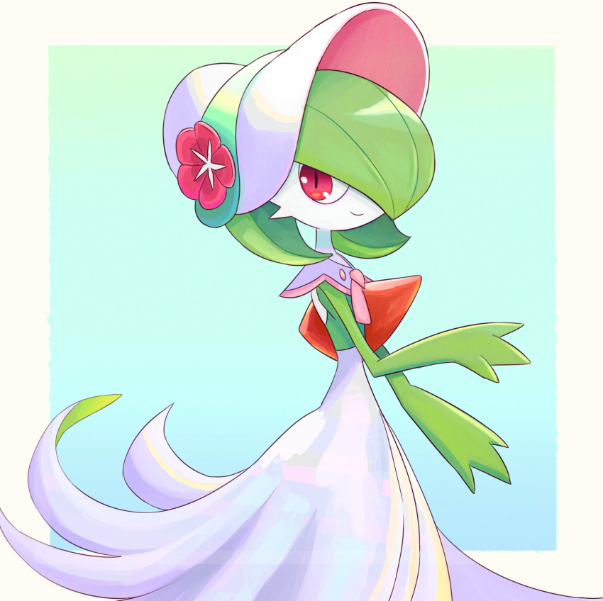 1girl bangs bonnet colored_sclera colored_skin commentary dress english_commentary gardevoir gardevoir_(fashionable) gen_3_pokemon green_hair green_skin hair_over_one_eye highres looking_at_viewer pokemon pokemon_(creature) pokemon_(game) pokemon_unite red_eyes simple_background smile solo truejekart