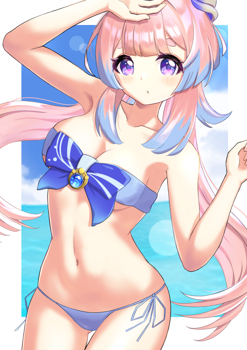 1girl absurdres ajimigao arm_up bangs bare_shoulders bikini blue_bikini blue_eyes blue_hair blunt_bangs breasts genshin_impact hair_ornament highres looking_at_viewer medium_breasts multicolored_hair navel pink_hair sangonomiya_kokomi side-tie_bikini swimsuit two-tone_hair vision_(genshin_impact)