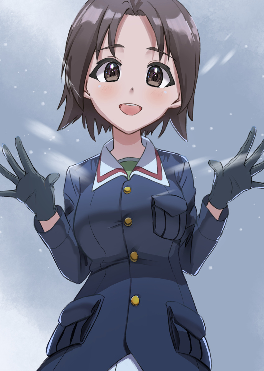 1girl absurdres black_gloves blue_jacket brown_eyes brown_hair commentary girls_und_panzer gloves green_shirt grey_sky highres jacket lazurite_(user_8870367) long_sleeves looking_at_viewer military_uniform ooarai_military_uniform open_mouth outdoors overcast parted_bangs sawa_azusa shirt short_hair sky smile snowing solo uniform