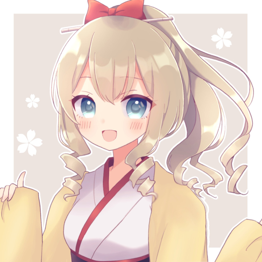 blonde_hair blue_eyes blush commission drill_hair hair_ribbon hakama haori hatakaze_(kancolle) highres japanese_clothes kantai_collection kimono long_hair looking_at_viewer meiji_schoolgirl_uniform niyane ponytail ribbon skeb_commission smile white_kimono