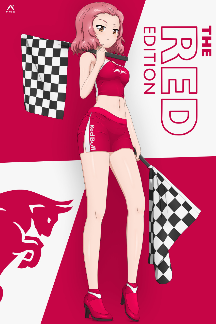 1girl absurdres acrux alternate_costume artist_logo brown_eyes checkered_flag closed_mouth crop_top dated english_commentary english_text flag girls_und_panzer heel_up high_heels highres holding holding_flag looking_at_viewer medium_hair microskirt midriff navel pencil_skirt race_queen red_bull red_footwear red_hair red_skirt rosehip_(girls_und_panzer) shirt side_slit skirt sleeveless sleeveless_shirt smile solo standing
