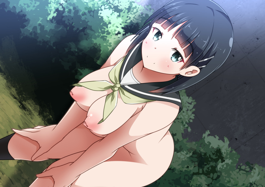 1girl bangs bent_over black_hair black_legwear blunt_bangs blush breasts dutch_angle eyebrows_visible_through_hair green_eyes hair_ornament hairclip hands_on_own_knees inverted_nipples kirigaya_suguha kneehighs large_breasts looking_at_viewer medium_hair naruse_mai nature neckerchief nipples outdoors sailor_collar short_hair smile solo sword_art_online tree