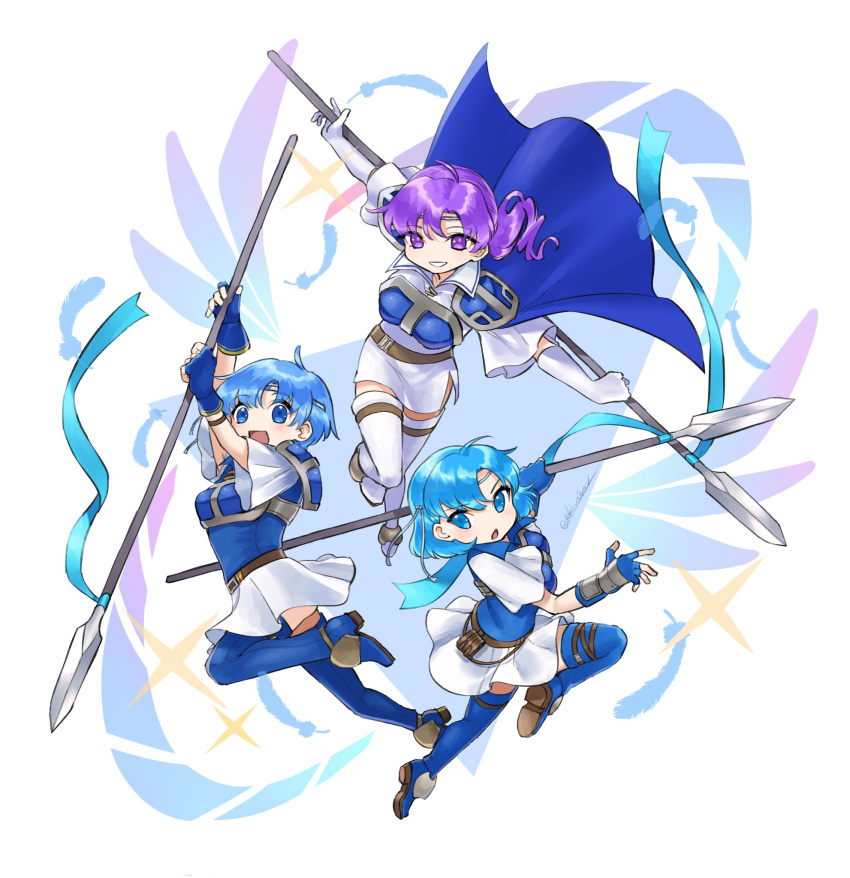 3girls armor blue_armor blue_cape blue_shirt blue_thighhighs breastplate cape fire_emblem fire_emblem:_the_binding_blade highres holding holding_polearm holding_weapon juno_(fire_emblem) looking_at_viewer multiple_girls open_mouth polearm shanna_(fire_emblem) shirt siblings sisters skirt smile thea_(fire_emblem) thighhighs tsukimura_(d24f4z8j3t) weapon white_shirt white_skirt