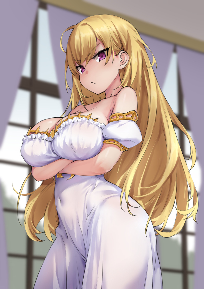 1girl :&lt; absurdres bangs bare_shoulders blonde_hair blurry blurry_background blush breast_hold breasts cleavage closed_mouth collarbone covered_navel cowboy_shot crossed_arms curtains day depth_of_field detached_sleeves dress eyebrows_visible_through_hair highres indoors large_breasts long_hair looking_at_viewer nijisanji pink_eyes puffy_short_sleeves puffy_sleeves short_sleeves solo strapless strapless_dress takamiya_rion try_(lsc) v-shaped_eyebrows very_long_hair virtual_youtuber white_dress window