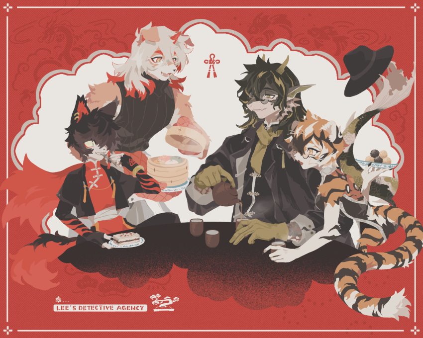 1girl 3boys aak_(arknights) animal_ears arknights bamboo_steamer black_coat black_headwear black_shirt claws coat colored_tips commentary cup dragon_boy dragon_ears dragon_horns drink fangs fingerless_gloves fins fish_tail food fork furry furry_female furry_male gloves hair_over_one_eye highres holding holding_cup holding_drink holding_food holding_fork holding_plate holding_teapot horns hung_(arknights) komainu_boy komainu_ears komainu_tail lee_(arknights) mittens multicolored_hair multiple_boys one_eye_covered open_mouth orange_mittens oven_mitts plate round_eyewear scarf shirt single_horn sirakaro sleeveless sleeveless_shirt smile symbol-only_commentary tail teapot tiger_ears tiger_girl tiger_stripes tiger_tail utensil_in_mouth waai_fu_(arknights) yellow_gloves yellow_scarf