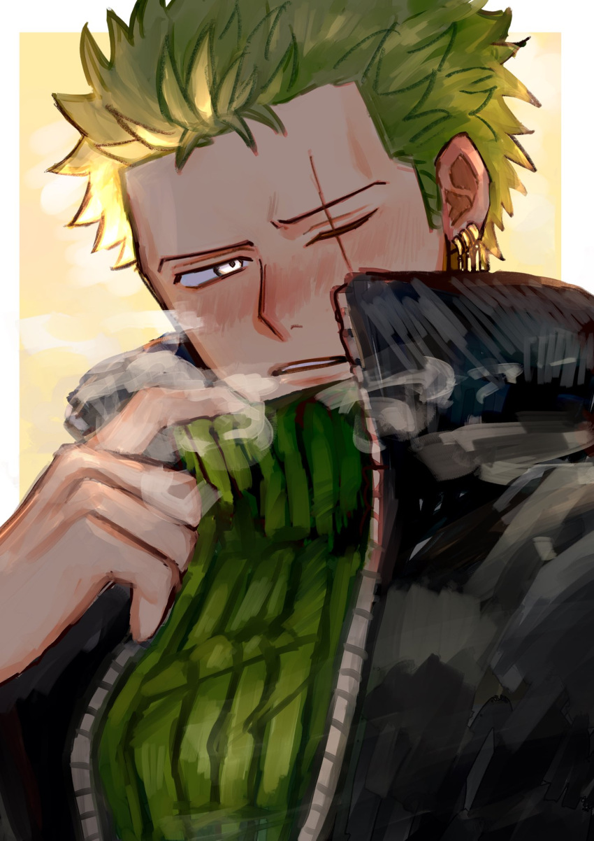 1boy aoiaoba0316 bishounen blush coat earrings green_hair highres jewelry looking_at_viewer male_focus one_piece roronoa_zoro scar scar_across_eye scarf short_hair shy solo winter_clothes winter_coat