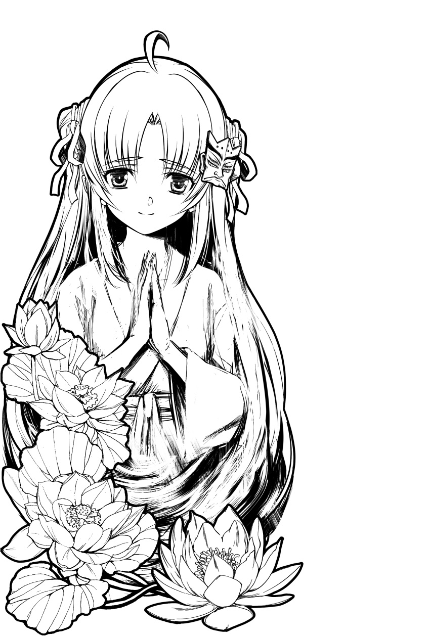 1girl absurdres ahoge alternate_costume artist_request check_artist closed_mouth commentary_request cropped_legs curtained_hair flower greyscale hair_down hair_ornament hair_ribbon highres japanese_clothes kimono long_hair long_sleeves looking_at_viewer lotus lupine_(kag_tsuki) monochrome own_hands_together palms_together praying ribbon second-party_source simple_background smile solo tsuina-chan two_side_up voiceroid wide_sleeves