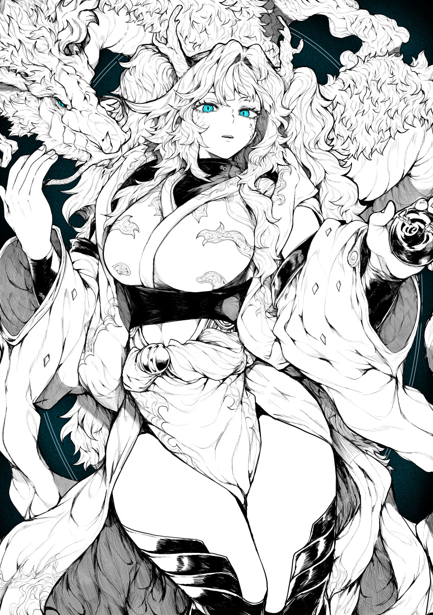 1girl absurdres antlers aqua_eyes boots breasts chinese_zodiac clothing_cutout cowboy_shot cracked_skin dragon eastern_dragon greyscale_with_colored_background highres holding japanese_clothes kimono large_breasts layered_sleeves long_hair looking_at_viewer monochrome original parted_lips pelvic_curtain stomach_cutout thigh_boots turtleneck twintails undershirt wide_sleeves year_of_the_dragon yotsumi_shiro