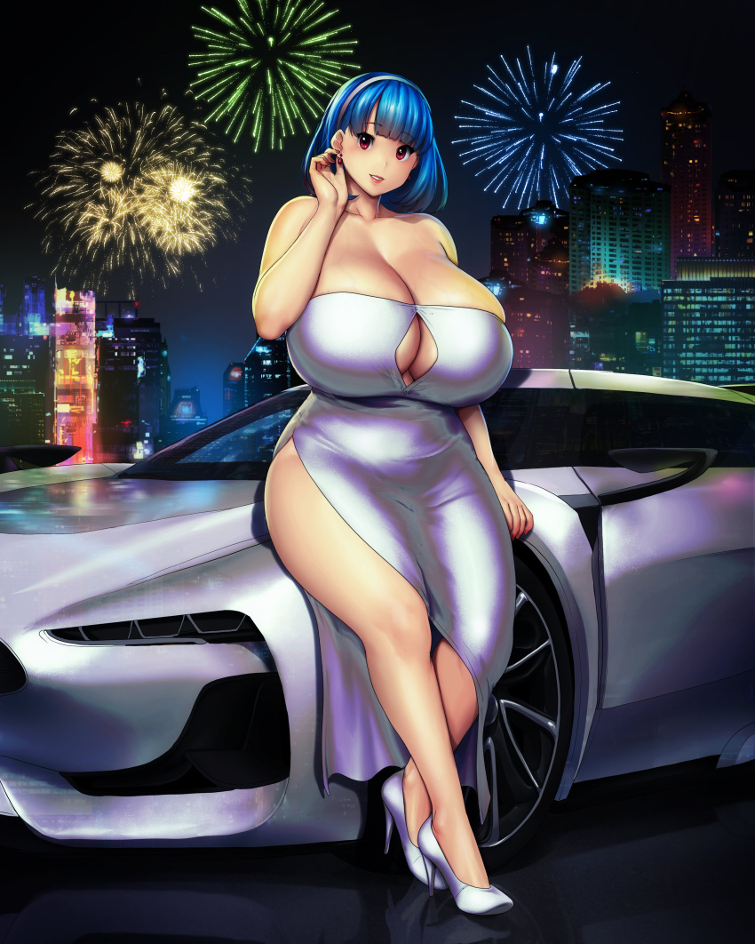 1girl absurdres adjusting_hair belly blunt_bangs blush breasts car cityscape cleavage cleavage_cutout clothing_cutout collarbone dress erkaz fireworks full_body happy_new_year high_heels highres legs looking_at_viewer motor_vehicle night original red_eyes reflection rina_atherina shiny_clothes shiny_skin short_hair side_slit sitting skyline smile solo sports_car strapless strapless_dress thick_thighs thighs white_dress white_footwear