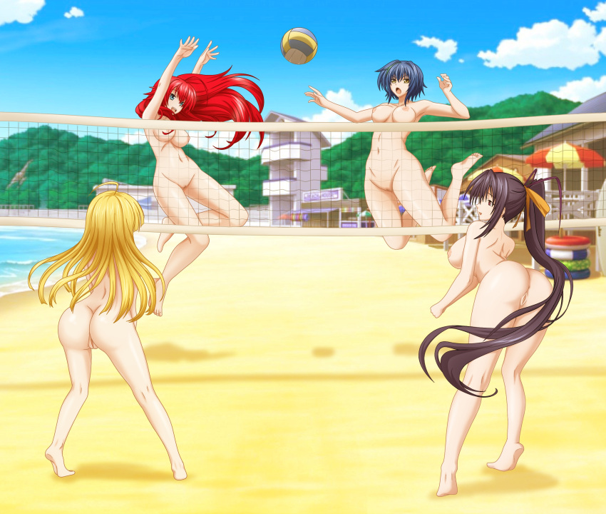 4girls absurdres asia_argento ass ball beach beach_volleyball completely_nude exhibitionism high_school_dxd highres himejima_akeno jumping martinstorm91 multiple_girls nude nudist public_indecency pussy rias_gremory sand sky uncensored volleyball volleyball_net xenovia_quarta zenra