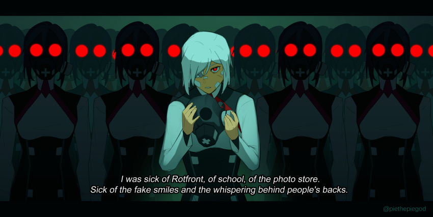 6+girls ariane_yeong bandaid bandaid_on_face bandaid_on_nose black_hair gas_mask gauze_over_eye green_background hair_between_eyes highres mask multiple_girls one_eye_covered piethepiegod red_eyes school_uniform short_hair signalis simple_background spoilers twitter_username unworn_mask white_hair