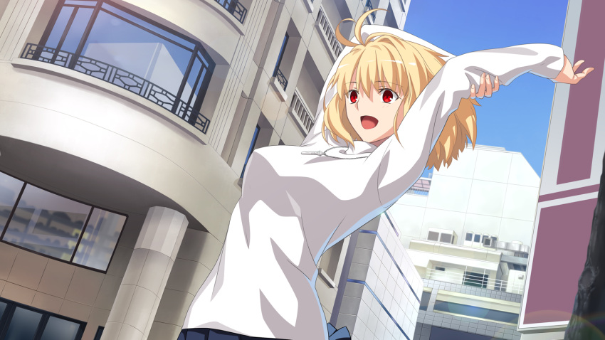 1girl antenna_hair arcueid_brunestud blonde_hair building day dress game_cg highres jewelry melty_blood melty_blood:_type_lumina necklace official_art outdoors red_eyes short_hair takeuchi_takashi tsukihime tsukihime_(remake) white_dress