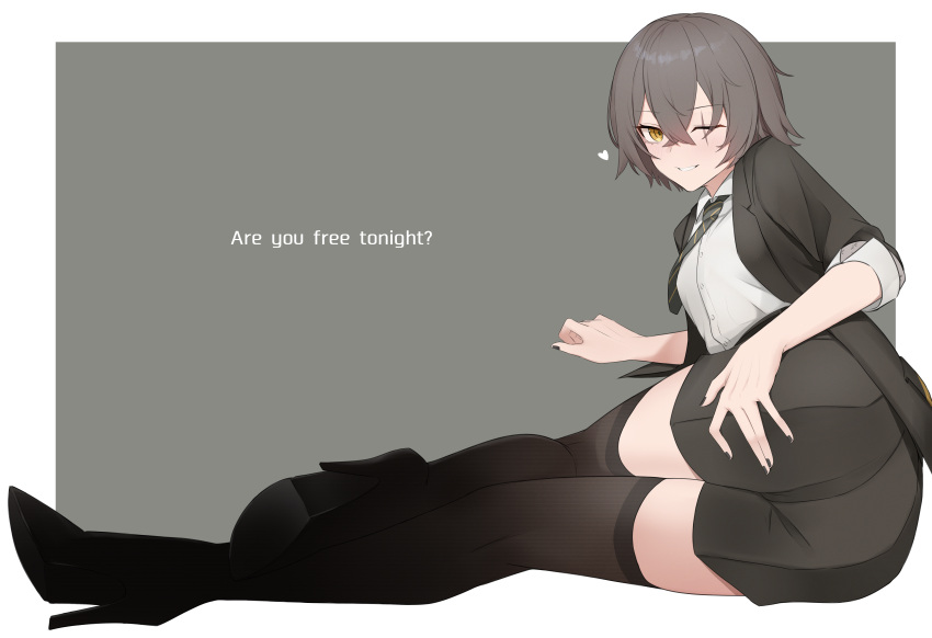 1girl absurdres ass black_jacket black_nails black_shorts black_thighhighs blush border breasts brown_hair collared_shirt commentary_request english_text fingernails full_body girls'_frontline girls'_frontline_2:_exilium green_background hair_between_eyes heart high_heels highres jacket kneepits looking_at_viewer medium_hair nail_polish necktie one_eye_closed re1kirisaki342 scar scar_across_eye shirt short_sleeves shorts small_breasts smile solo striped_necktie thighhighs ump45_(girls'_frontline) white_border white_shirt yellow_eyes