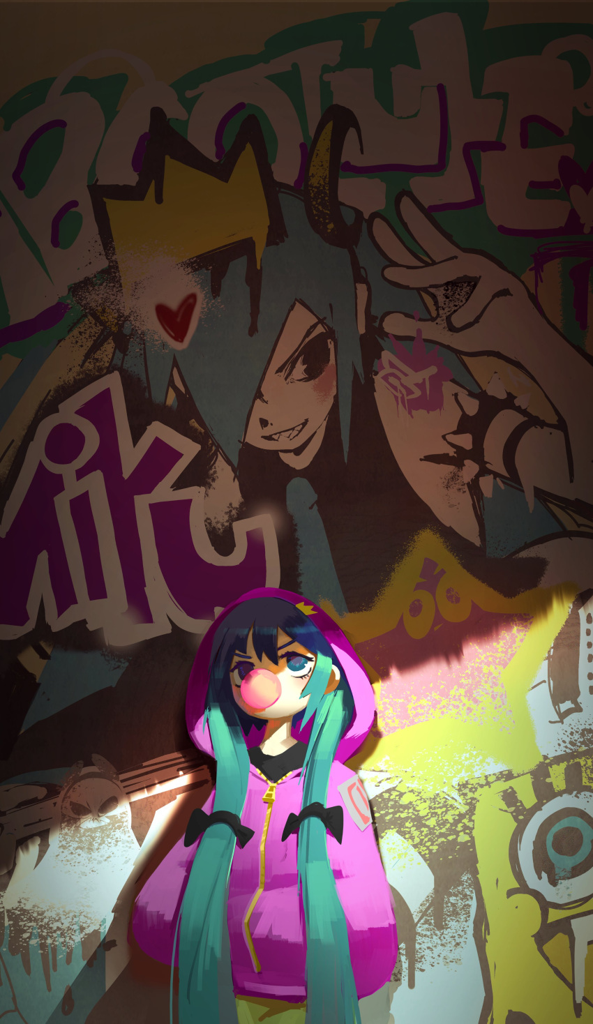 1girl absurdres aqua_eyes aqua_hair aqua_neckwear bangs bare_shoulders black_eyes black_shirt blue_eyes blush chewing_gum commentary cowboy_shot crown english_commentary graffiti hair_between_eyes hair_over_one_eye hand_up hands_in_pockets hatsune_miku heart highres hood hood_up hoodie long_hair looking_to_the_side looking_up necktie patrick_star pink_hoodie sharp_teeth shirt sidelocks skull solo spongebob_squarepants spongebob_squarepants_(character) star_(symbol) teeth topdylan twintails v-shaped_eyebrows very_long_hair vocaloid