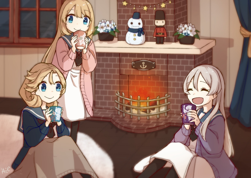 3girls ane_hoshimaru black_neckerchief black_pantyhose blonde_hair blue_cardigan blue_eyes cardigan closed_eyes cup dress fireplace flower grey_hair highres holding holding_cup indoors janus_(kancolle) javelin_(kancolle) jervis_(kancolle) kantai_collection long_hair long_sleeves mug multiple_girls neckerchief night on_floor pantyhose pink_cardigan purple_cardigan sailor_collar sailor_dress short_hair sitting smile stuffed_toy white_flower window