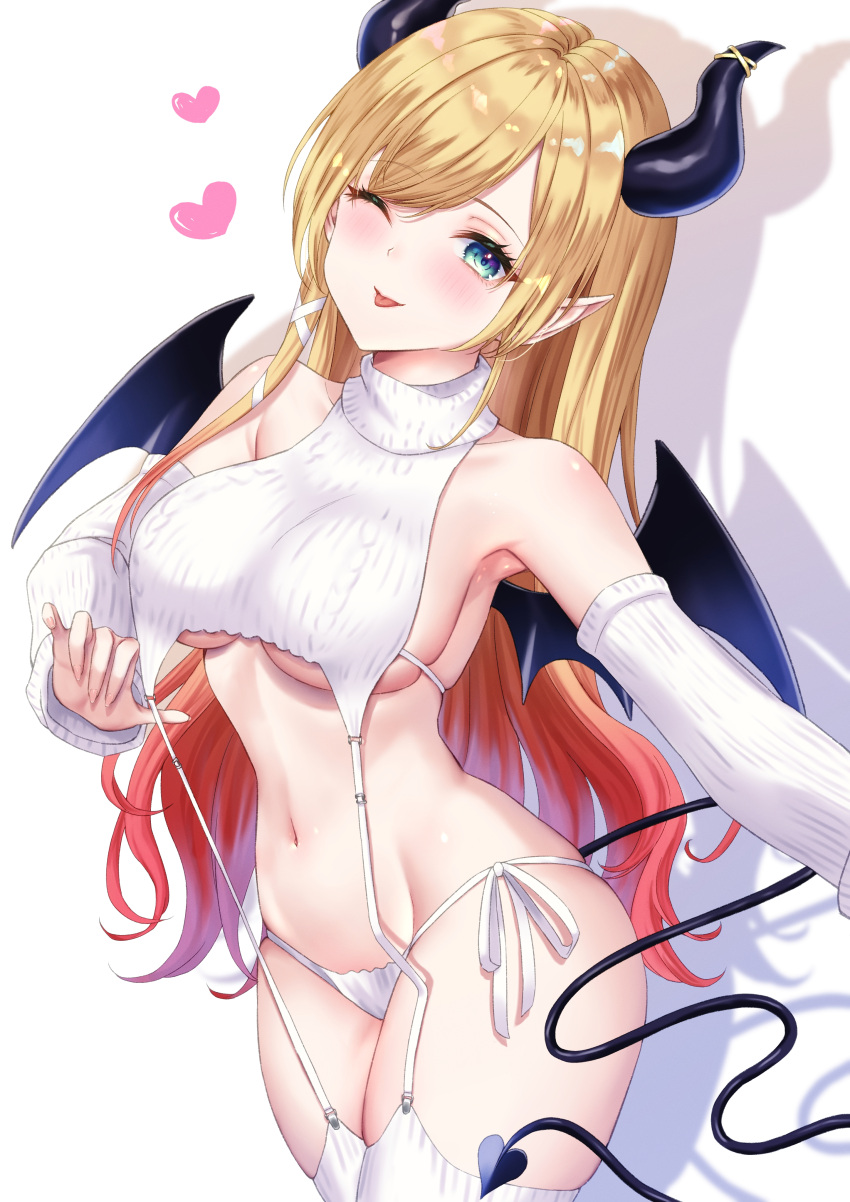 1girl ;p absurdres argyle argyle_sweater armpits black_horns black_wings blonde_hair blue_eyes blush breasts cowboy_shot demon_girl demon_horns demon_tail demon_wings detached_sleeves fingernails garter_straps gradient_hair heart highres hololive horns mary_is_mine meme_attire multicolored_hair navel one_eye_closed panties pink_hair pointy_ears shadow side-tie_panties solo sweater tail thighhighs tongue tongue_out underboob underwear virgin_destroyer_sweater virtual_youtuber white_panties white_sleeves white_thighhighs wings yuzuki_choco