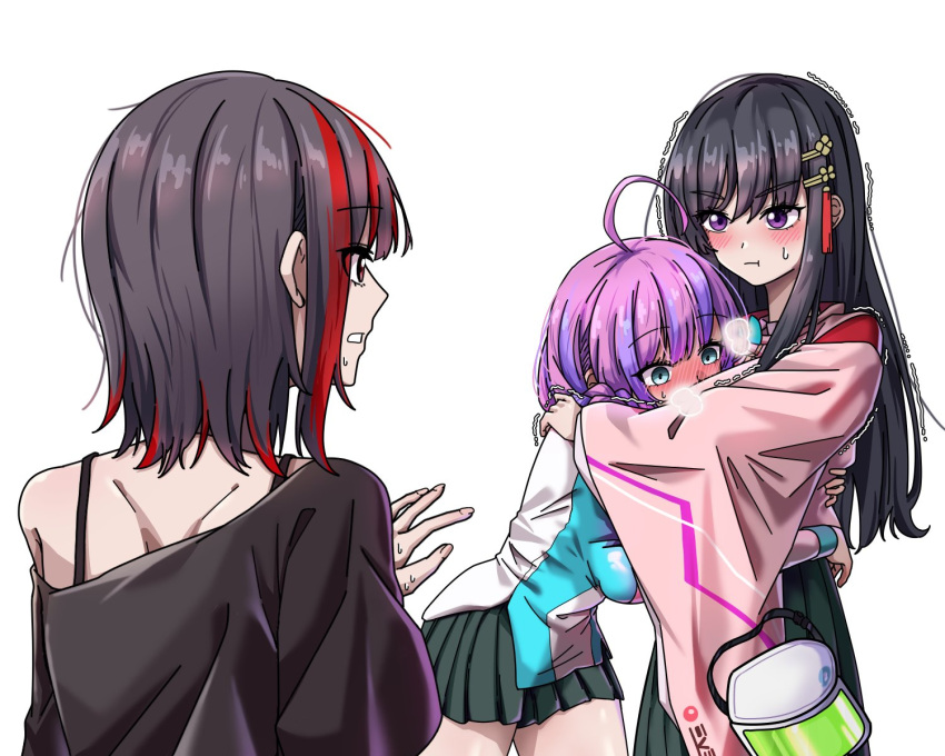 3girls ahoge back black_hair black_shirt blunt_bangs blush breasts closed_mouth cottonswab336 date_akari green_eyes green_skirt hair_ornament hand_on_another's_back hand_on_another's_shoulder haori heaven_burns_red highres hug japanese_clothes kanzashi large_breasts long_hair long_sleeves looking_at_another mikoto_fubuki multicolored_hair multiple_girls nikaidou_misato off-shoulder_shirt off_shoulder parted_lips pink_hair pleated_skirt pout purple_eyes red_hair shirt short_hair sidelocks skirt spaghetti_strap steam streaked_hair sweat trembling two-tone_hair unworn_headwear upper_body visor_cap white_background wide_sleeves wristband
