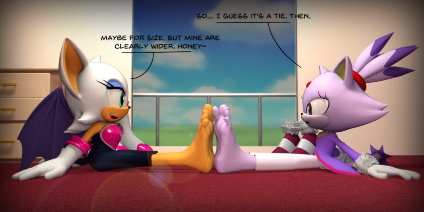 3d_(artwork) anthro barefoot bat blaze_the_cat boots_removed comparing dialogue digital_media_(artwork) domestic_cat duo english_text feet feetymcfoot felid feline felis female female/female forehead_gem humanoid_feet mammal on_ground plantigrade rouge_the_bat sega shoes_removed sitting sonic_the_hedgehog_(series) text touching_feet wings