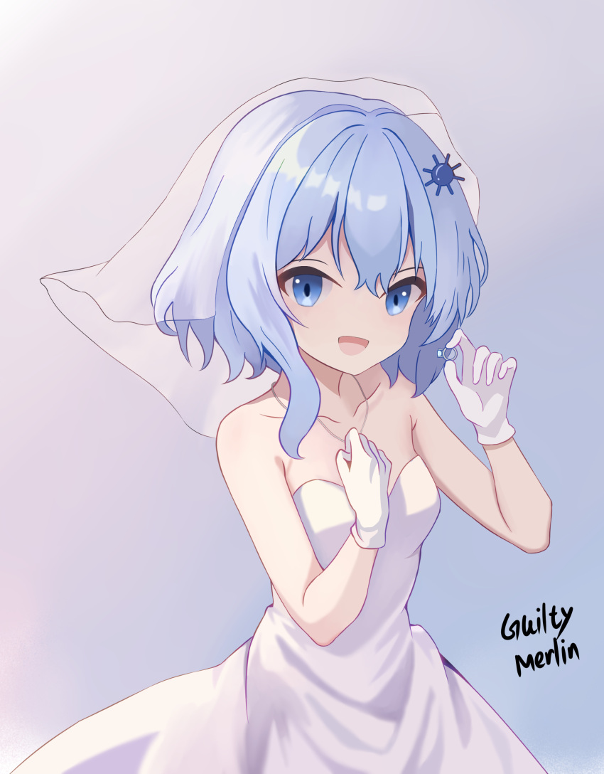 1girl absurdres bare_shoulders blue_eyes blue_hair bridal_veil bride dress gloves guilty_merlin hair_ornament highres jewelry light_blue_hair looking_at_viewer merlin_prismriver necklace open_mouth ornate_ring ring signature simple_background smile solo strapless strapless_dress touhou veil wedding_dress wedding_ring white_dress white_gloves