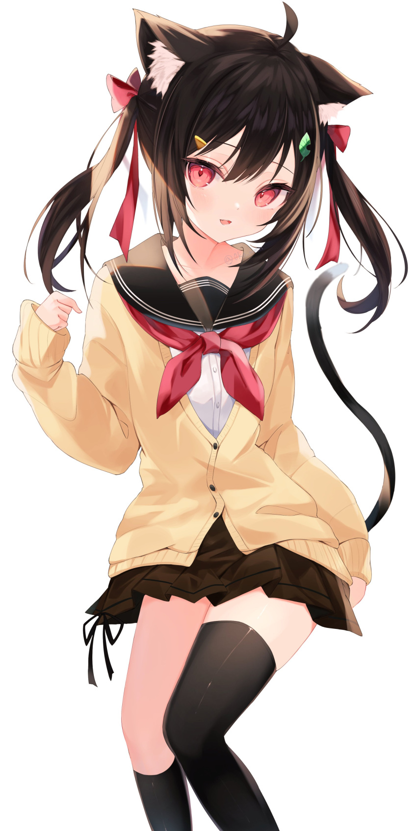 1girl absurdres ahoge animal_ears black_sailor_collar black_thighhighs brown_hair brown_skirt cardigan cat_day cat_ears cat_girl cat_tail commission highres long_hair neckerchief okomeillust red_eyes red_neckerchief sailor_collar school_uniform serafuku simple_background single_thighhigh skeb_commission skirt solo tail thighhighs twintails vrchat white_background yellow_cardigan