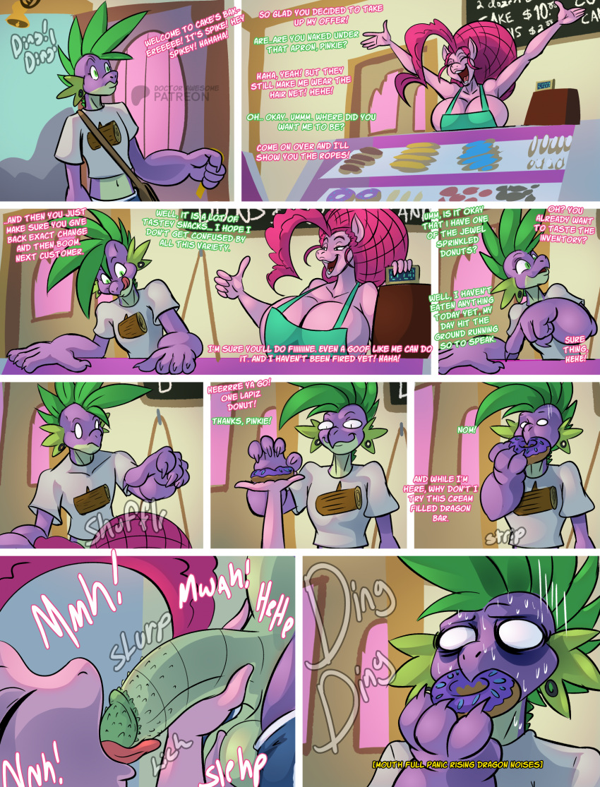 anthro anthrofied apron ball_fondling balls big_breasts breasts cleavage clothed clothing comic dessert dialogue doughnut dragon duo equid equine fellatio female fondling food friendship_is_magic genitals hair hasbro hi_res huge_breasts male male/female mammal my_little_pony oral penile penis pink_body pink_hair pinkie_pie_(mlp) sex spike_(mlp) thebigbadwolf01 tongue tongue_out