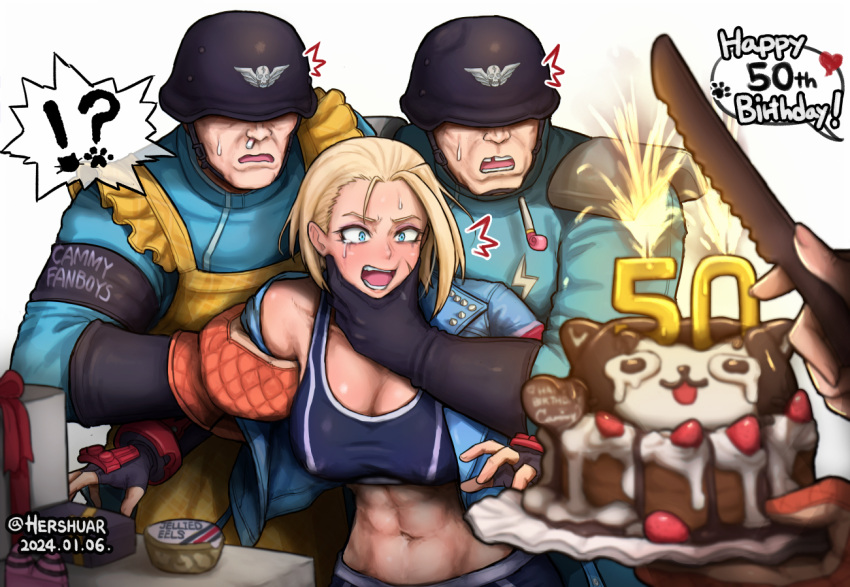 1girl 1other 2boys abs age_conscious apron armor birthday_cake black_gloves black_sports_bra blonde_hair blue_eyes blue_jacket blurry box bread_knife breasts broken_tooth cake cammy_white commentary covered_eyes covered_nipples cropped_jacket crying crying_with_eyes_open depth_of_field disembodied_limb english_commentary fingerless_gloves food gift gift_box gloves grabbing grabbing_another's_chin hand_on_another's_chin happy_birthday height_difference helmet helmet_over_eyes hershuar holding holding_knife jacket jellied_eel knife large_breasts leather leather_jacket midriff multiple_boys oven_mitts pauldrons scar scar_on_cheek scar_on_face shadaloo shadaloo_soldier short_hair shoulder_armor single_pauldron soldier solo_focus sports_bra street_fighter street_fighter_6 sweatdrop taut_clothes tears yellow_apron