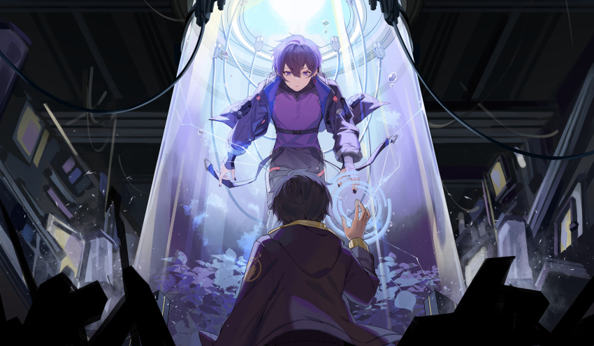 2boys absurdres achichi_ovo black_hair black_pants breaking bubble crack earrings glass highres indie_virtual_youtuber jacket jewelry multiple_boys multiple_persona open_clothes pants plant purple_eyes purple_hair purple_jacket purple_shirt shirt short_hair shoto_(vtuber) single_earring virtual_youtuber wire