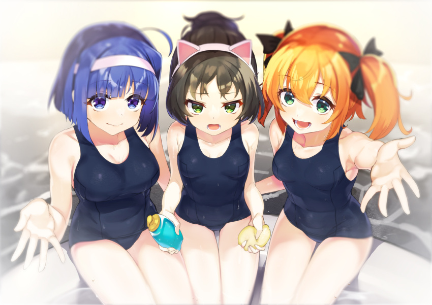 3girls :d animal_ears black_hairband black_swimsuit blue_swimsuit blurry breasts collarbone covered_navel depth_of_field eyebrows_visible_through_hair fake_animal_ears fang green_eyes hairband hazuki_kurumi holding kaitou_tenshi_twin_angel kannazuki_aoi long_hair looking_at_viewer minazuki_haruka_(twin_angel) minutachi multiple_girls old_school_swimsuit one-piece_swimsuit open_mouth orange_hair outstretched_hand school_swimsuit short_hair smile swimsuit thigh_gap twin_angel twintails