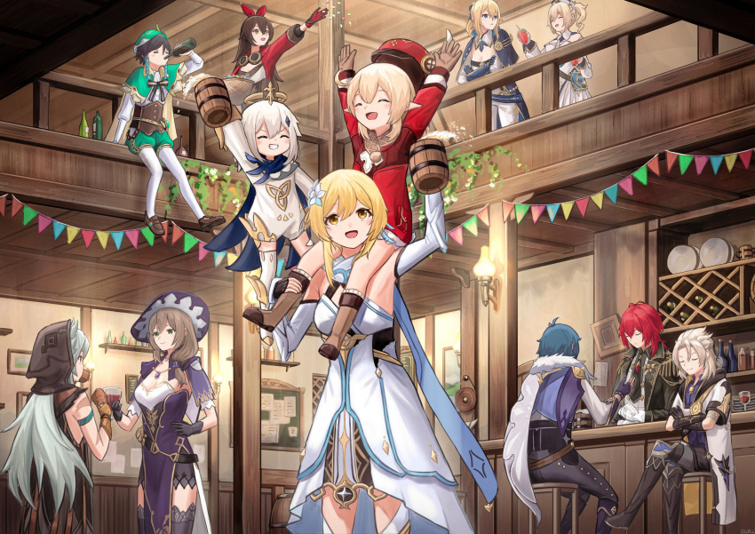 5boys 6+girls :d ahoge albedo_(genshin_impact) alcohol amber_(genshin_impact) armpits arms_up bangs bar_stool barbara_(genshin_impact) beer_mug bird black_gloves black_hair black_legwear black_scarf blonde_hair bloomers boots bottle bow braid breasts brown_coat brown_eyes brown_footwear brown_gloves brown_hair brown_scarf cabbie_hat cape carrying carrying_person chicken cleavage clover_print coat commentary_request crossed_legs cup detached_collar detached_sleeves diluc_(genshin_impact) dress drill_hair drink drinking_glass drinking_straw eating ebiri_fy elbow_gloves eyebrows_visible_through_hair floating flower fur_scarf genshin_impact gloves green_eyes hair_between_eyes hair_bow hair_flower hair_ornament hair_ribbon hat hat_feather hat_ornament hat_removed headwear_removed highres holding holding_cup jean_(genshin_impact) jewelry kaeya_(genshin_impact) klee_(genshin_impact) knee_boots kneehighs lisa_(genshin_impact) long_hair long_sleeves low_ponytail low_twintails lumine_(genshin_impact) mechanical_halo mug multiple_boys multiple_girls necklace nun open_mouth paimon_(genshin_impact) pocket pointy_ears ponytail razor_(genshin_impact) red_coat red_hair red_headwear ribbon scarf short_hair short_hair_with_long_locks short_sleeves shoulder_carry sidelocks silver_hair sitting smile stool tavern thighhighs twin_braids twin_drills twintails underwear venti_(genshin_impact) vision_(genshin_impact) white_dress white_hair white_legwear white_scarf wine wine_bottle wine_glass wooden_cup yellow_eyes zettai_ryouiki